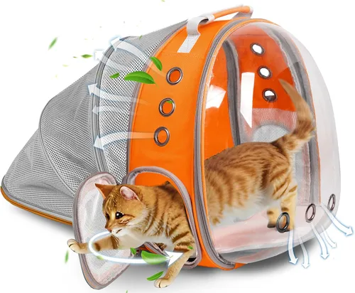 Miniatura 11 de Mochila expandible para gatos y perros, mochila de viaje para mascotas con ventana de burbujas con malla transpirable, estructura anticolapso, Negro
