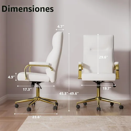 Miniatura 2 de GXJ Silla de oficina blanca y dorada de espuma viscoelástica, sillas de escritorio de cuero blanco con ruedas y brazos, silla de oficina ejecutiva