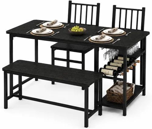4 EVER WINNER Juego de mesa de comedor negra para 4 personas con banco, juego de mesa de cocina y sillas de 55 pulgadas con estante para vino,