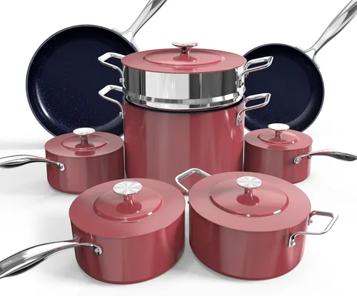 Nuwave Lux - Juego de utensilios de cocina ligeros forjados de 13 piezas, sin PFAS, revestimiento de cerámica saludable G10 Duralon, ultra