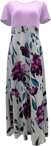 Miniatura 3 de NIUQI Vestido largo con estampado floral para mujer cintura imperio cuello redondo patchwork estampado