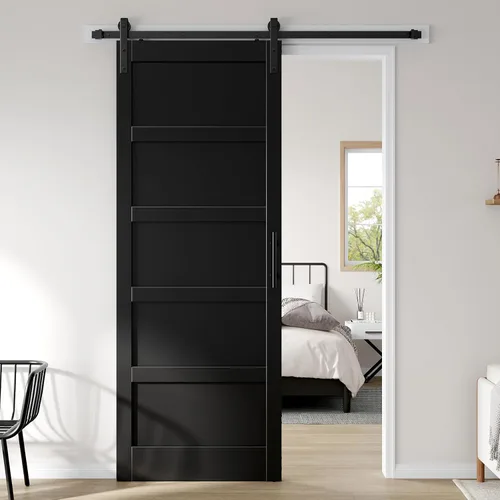 Miniatura 23 de Fredbeck Puerta de granero blanca de 30 x 84 pulgadas con kit de herrajes para puerta corredera de 5.5 pies incluido y asa, sólida, MDF, superficie