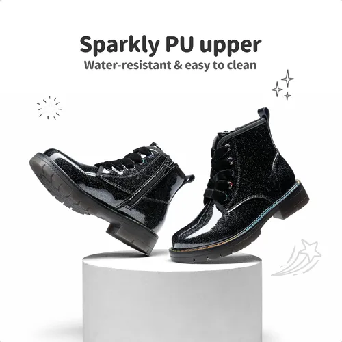 Miniatura 3 de DREAM PAIRS Botas de tobillo con purpurina para niñas y niños, zapatos de combate con cremallera lateral con cordones (bebéniño pequeñoniño grande)