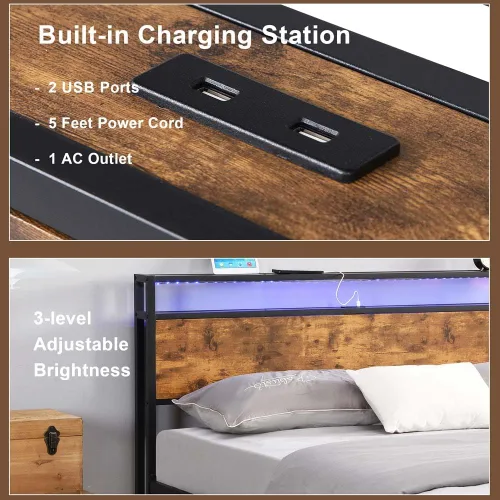 Miniatura 3 de Base de cama de plataforma de metal de tamaño matrimonial con cabecero y estribo de madera con luces USB y LED, no necesita somier, gran