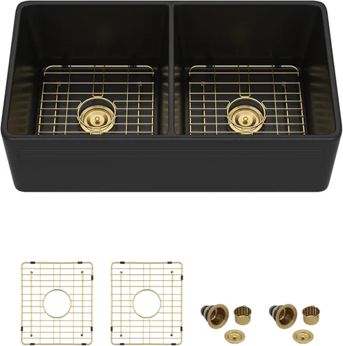 Miniatura 8 de Dcolora Fregadero de porcelana de cerámica negra de 33 pulgadas, fregadero de cocina frontal con delantal de arcilla refractaria con accesorios