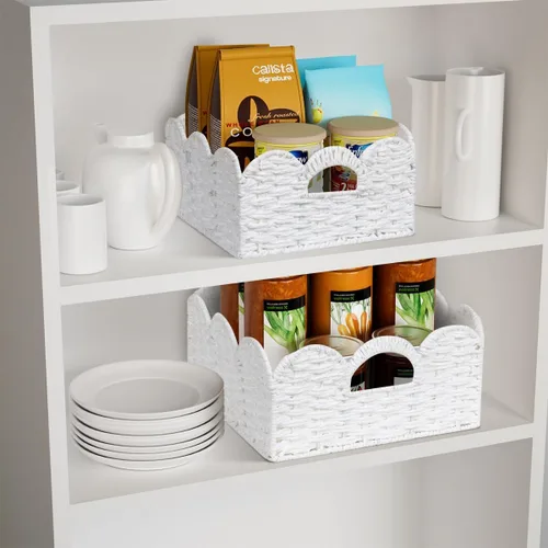 Miniatura 6 de Graciadeco Cesta de mimbre festoneada, cestas de almacenamiento de cuerda de papel natural con asas, organizador tejido a mano, cestas de Blanco