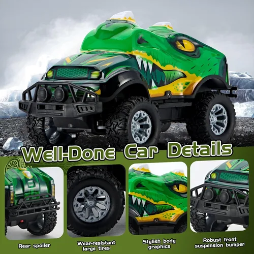 Miniatura 4 de Vehículo fuera de carretera con forma de dinosaurio de control remoto Camión genial fuera de carretera, 2.4GHz, coche RC con luces LED, escala 1:20