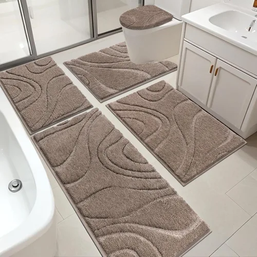 Miniatura 16 de Juego de alfombras de baño HEBE de 5 piezas, tapete de baño de microfibra suave y absorbente para el baño, juego de alfombras de baño antideslizante