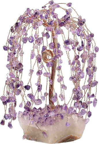 Miniatura 9 de SUNYIK Juego de árbol de dinero de cristal curativo de cuarzo rosa y aguamarina sobre base de racimo de amatista, adorno de Feng Shui, decoración