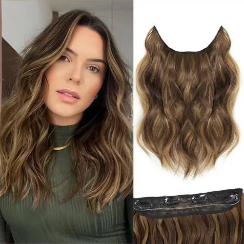 Miniatura 7 de Extensiones de cabello con halo de 12 pulgadas con alambre invisible, cabello largo ondulado ajustable, sintético, mejora con 4 clips de seguridad