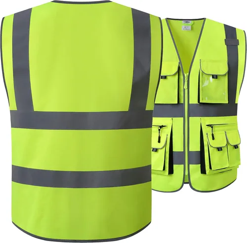 Miniatura 5 de JKSafety Chaleco de seguridad con 10 bolsillos, clase 2, de alta visibilidad, con cremallera frontal amarilla, con tiras reflectantes, cumple