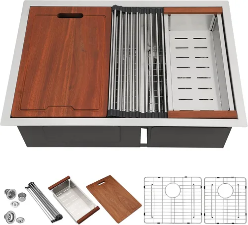 Lordear Fregadero de cocina de 28 pulgadas de acero inoxidable de calibre 16 con doble plato y estación de trabajo de montaje inferior de 60/40 con