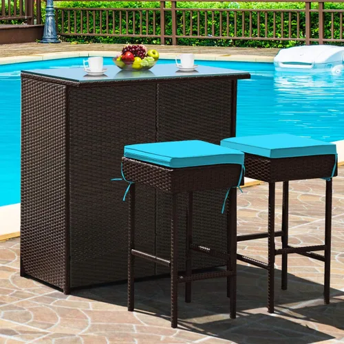 Miniatura 12 de Tangkula - Juego de barra para patio, 3 piezas de mimbre para exteriores, con 2 taburetes con cojines y mesa con cubierta de cristal, color gris