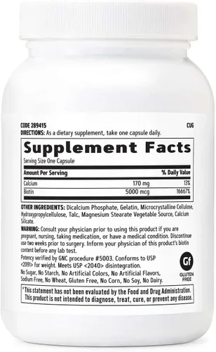 Miniatura 2 de GNC Suplemento de biotina de 5000 mcg, apoya la salud del cabello, la piel y las uñas, 120 porciones