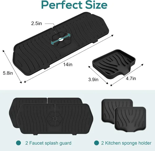 Miniatura 5 de Protector contra salpicaduras para fregadero de cocina y bandeja de jabón, tapete protector de silicona para grifo, soporte de esponja con boquilla