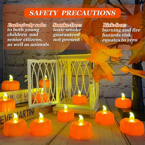 Miniatura 4 de Decoraciones de otoño para el hogar, luces de té de calabaza, paquete de 12 luces LED de calabaza naranja sin llama, velas parpadeantes que