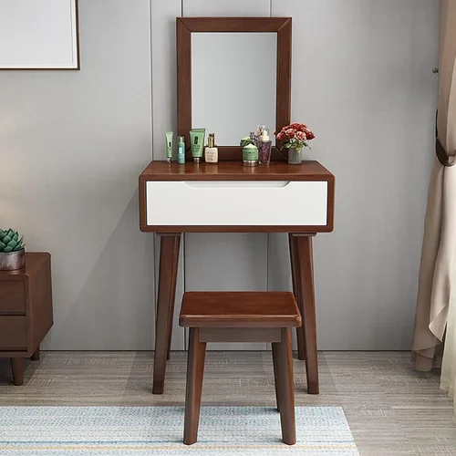 Miniatura 8 de Escritorio de tocador con espejo, juego de mesa de maquillaje con taburete acolchado y cajón, mesa de cosméticos, tocador de maquillaje pequeño