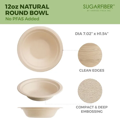 Miniatura 2 de Harvest Pack GOURMET SHOWCASE - [50 unidades] Cuencos de papel redondos de 12 onzas libres de PFAS - Cuencos de bagazo compostables, resistentes