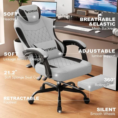 Miniatura 3 de Silla de juegos Vonesse, silla de computadora de tela con amortiguador de resorte de bolsillo, silla de oficina con reposapiés y soporte lumbar