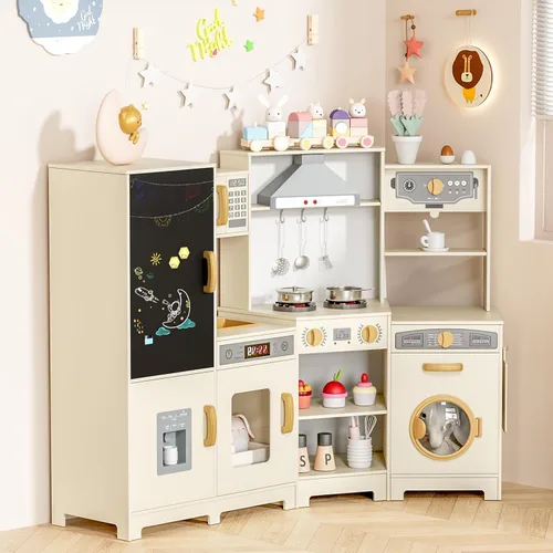 Miniatura 8 de MAMIZO Cocina de Juego de Esquina de Madera, Gran Juego de Cocina Interactivo Definitivo para Niños Pequeños de Simulación con Pizarra, Estufa
