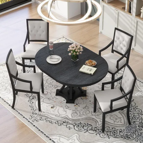 Miniatura 27 de Farmhouse - Juego de mesa de comedor de 5 piezas, mesa de comedor redonda extensible con 4 cómodas sillas tapizadas, juego de muebles funcionales