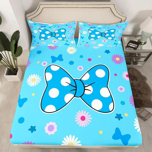 Miniatura 40 de Sábana bajera con lazo azul tamaño individual, juego de ropa de cama de princesa con cerezas, estrellas y flores margaritas de dibujos animados