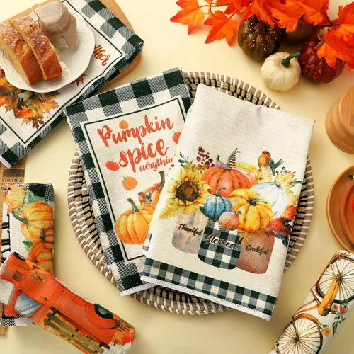 Miniatura 6 de Ganeen Juego de 6 toallas de mano de Acción de Gracias con texto en inglés «Hello Fall» en blanco y negro, vintage, calabaza, camión, motero
