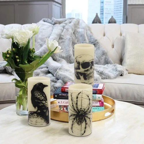 Miniatura 8 de Eldnacele Velas LED sin llama parpadeantes de Halloween, funcionan con pilas, con temporizador de 6H, calcomanías de calavera, telaraña, cuervo