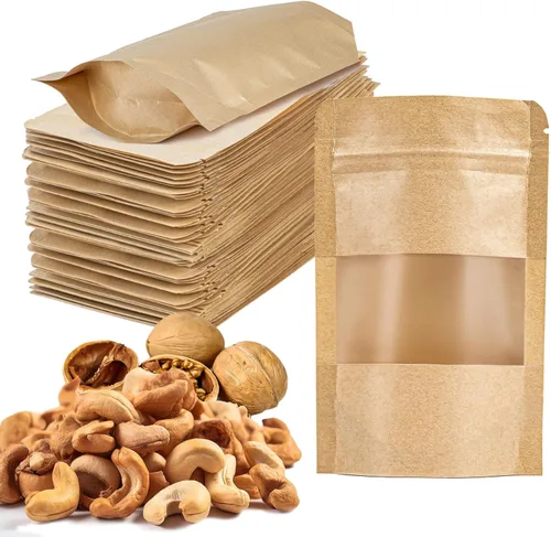 MAQIHAN 50 bolsas de pie – 3.5 x 5.5 pulgadas, bolsas de papel kraft resellables Ziplock para ventana, envasado de alimentos casero, bagel, pan,