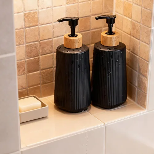Miniatura 5 de Dispensador de jabón de vidrio negro, dispensador de jabón de manos de vidrio grueso para baño, botellas de líquido para lavar platos de cocina
