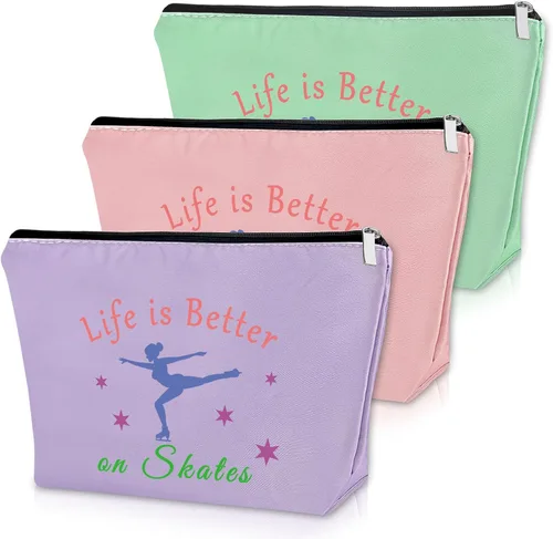 Miniatura 8 de Regalos de patinadora para mujeres, regalos de patinadora sobre hielo para niñas, bolsa de maquillaje y cosméticos, 3 piezas beige