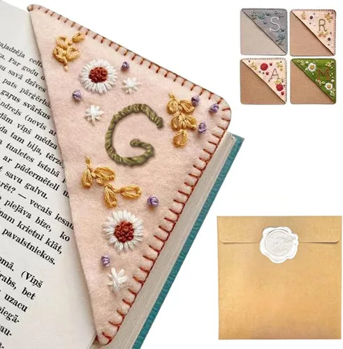 Miniatura 22 de Marcapáginas de esquina bordado a mano personalizado, 26 letras con costura a mano de fieltro, marcapáginas de esquina con bordado de flores lindo