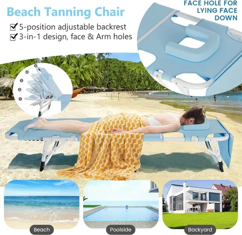 Miniatura 5 de H&ZT Silla de salón plegable con abertura para la cara – Silla reclinable ajustable para bronceado al aire libre con colchón, silla de sol
