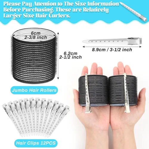 Miniatura 2 de Rulos para el cabello Jumbo, 12 piezas de rulos para el cabello con autoagarre y 12 clips de pico de pato de acero inoxidable para volumen de Negro
