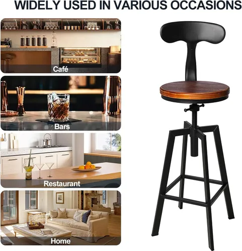 Miniatura 5 de Juego de 2 taburetes de bar industriales con respaldo, asiento giratorio de madera, altura ajustable, 25-32 pulgadas, taburete de isla de cocina