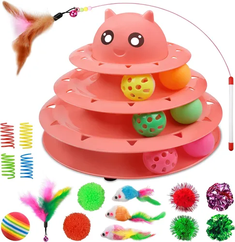 Miniatura 17 de UPSKY Juguete Rodillo para Gatos Tornamesa de 3 Niveles Juguete para Gatos con Pelotas con Seis Pelotas Coloridas Juguetes Interactivos para Gatitos