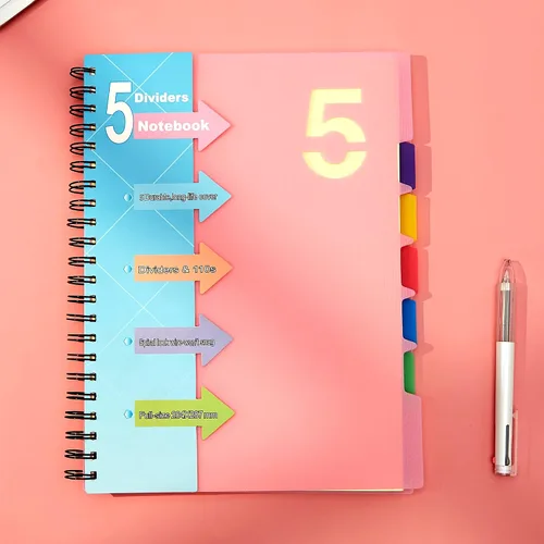 Miniatura 7 de CAGIE - Cuaderno en espiral con pestañas separadoras para 5 materias, 220 páginas, tamaño A4 de 8.5 x 11 pulgadas; suministros escolares/de trabajo