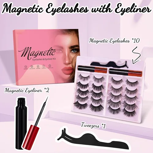 Miniatura 2 de [10 pares] Kit de pestañas magnéticas y delineador de ojos, pestañas magnéticas reutilizables con delineador de ojos y pinzas, pestañas postizas