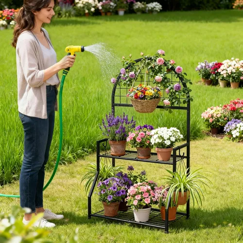 Miniatura 5 de VGMiu Soporte para plantas de 2 niveles para interiores y exteriores, soporte de exhibición de plantas de metal para múltiples plantas, soporte