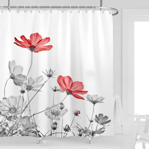 Miniatura 20 de Cortina de ducha de 72" x 72" con flores grises y rosas, gris y blanco, flores silvestres, margaritas, plantas, pintura de tinta, botánica
