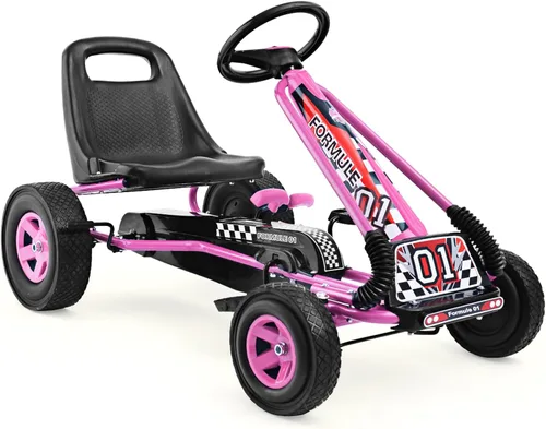 Miniatura 13 de HONEY JOY Go Kart para niños, 4 ruedas con pedal todoterreno cuádruple a pie con volantes y asiento ajustable, 2 frenos de seguridad, neumáticos Rojo