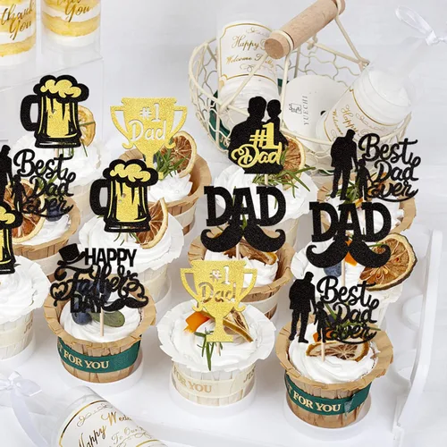 Miniatura 6 de Paquete de 24 adornos para cupcakes con purpurina para el Día del Padre, con purpurina para el mejor papá del mundo, sombrero de bigote #1