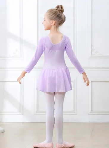 Miniatura 72 de EQSJIU Leotardo de baile de manga larga para niñas, vestido de ballet brillante con copo de nieve, tutú con falda tutú para niñas