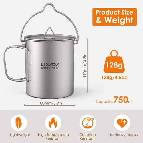 Miniatura 4 de Lixada Taza de agua de titanio con tapa y mango plegable, ultraligero de 25.4 fl oz, olla de titanio, portátil, al aire libre, camping, cocina