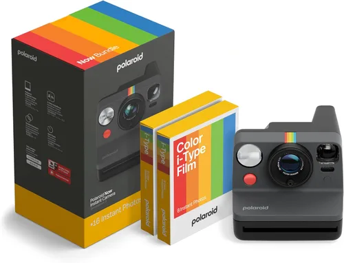 Polaroid Now - Cámara instantánea de tercera generación tipo I + paquete de película - Cámara negra Now + 16 fotos en color (6560)