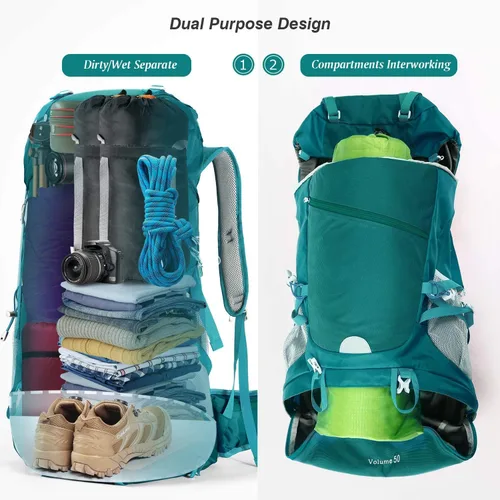 Miniatura 6 de HOMIEE 50L Hiking Backpack Travel Bag Waterproof Camping Rucksack with Rain Cover Lightweight Backpacking Backpack Verde militar