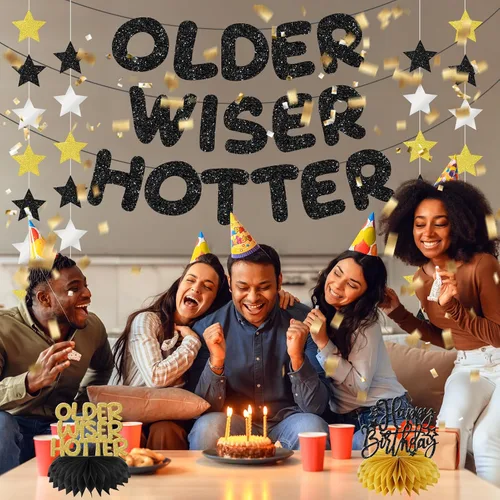 Miniatura 4 de Older Wiser Hotter - Kit de decoración de pancartas preencordadas para hombres y mujeres, guirnalda de estrellas con purpurina dorada negra y dorada