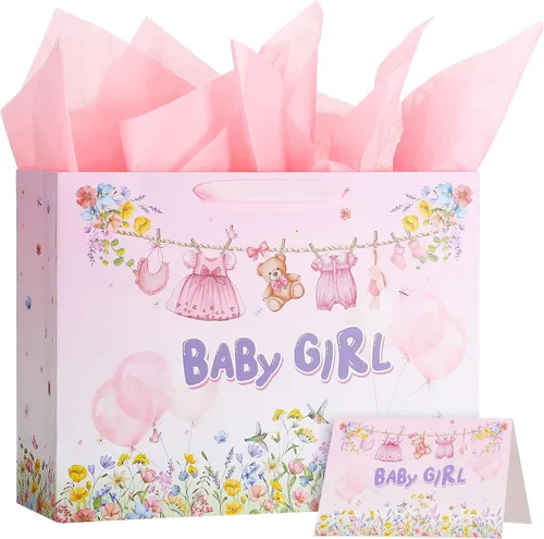 Miniatura 8 de woric Bolsa de regalo de bebé de 14.5 pulgadas para baby shower con papel de seda y tarjetas de felicitación para fiestas de cumpleaños de niños