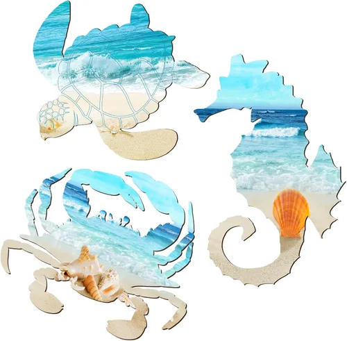 Miniatura 8 de Tatuo 3 piezas de decoración de pared costera de verano para baño, playa, arte de pared azul, tortuga de mar, tabla de surf, caballito de mar