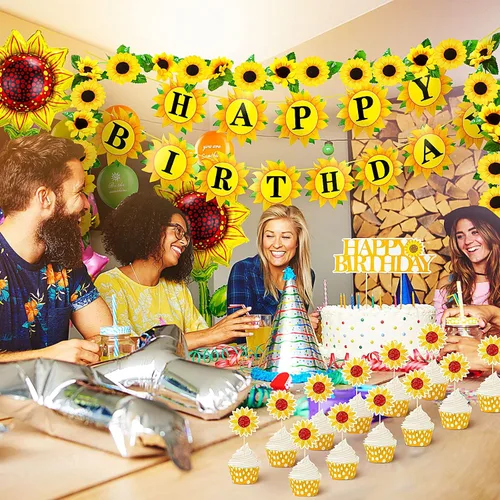 Miniatura 5 de Tenare La decoración de fiesta de cumpleaños de girasol incluye pancarta de girasol, 4 globos de aluminio amarillos, 18 globos de látex, 13 adornos